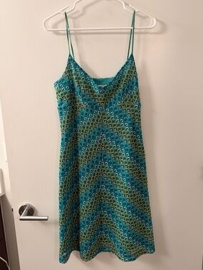 LOFT Teal & Green Chevron Midi Slip Dress